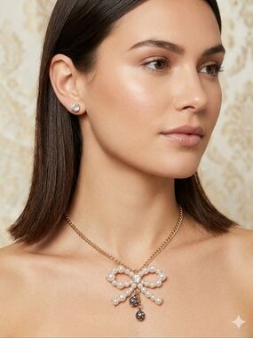Bow Pearl Pendant Necklace in Gold Tone - Women Jewelry